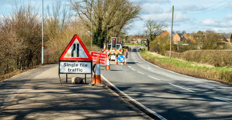 Day View Road Narrows UK Roadworks Sign.